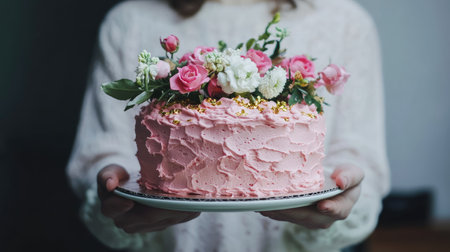 Sophisticated birthday cake with soft pink frosting, edible gold flakes, and fresh flowers for mom.の素材