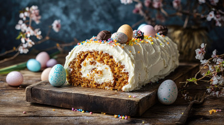 Stylish food photography of a carrot roll cake with luxurious cream cheese frosting, adorned with pastel chocolate eggs and colorful sprinklesの素材