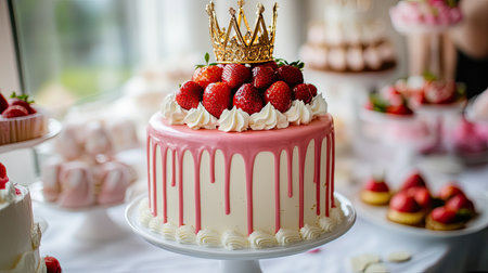Stylish dessert table with a strawberry vanilla cream cake, topped with an elegant crown for a birthday party.の素材