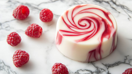 Soft and creamy panna cotta with a raspberry swirl, placed on a marble surface with negative space for text, ideal for advertisements.の素材
