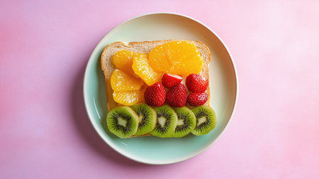 Soft white bread fruit sandwich with orange, kiwi, and strawberries, arranged on a minimalist ceramic plate with pastel tonesの素材