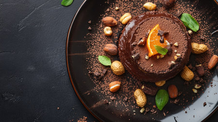 Top view of a chocolate cake with natural ingredients, including orange zest, cacao dust, and peanuts.の素材