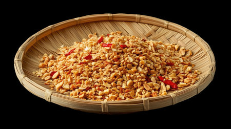 Spicy Som Tum Thai served on a woven bamboo plate, garnished with red chili, crushed peanuts, and dried shrimp, capturing authentic Isan flavors.の素材