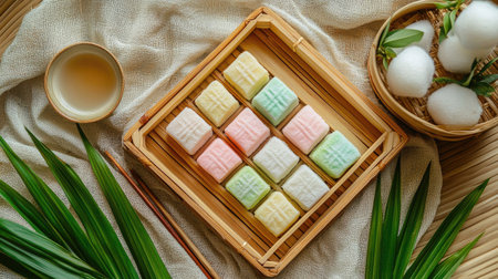 Thai steamed cotton wool cakes in pastel tones, served on a bamboo tray with fresh pandan leaves for a traditional touch.の素材