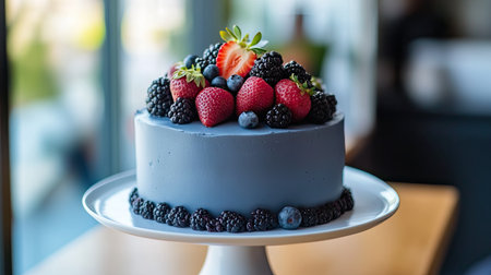 Starry night-inspired cake with a blue velvet finish, decorated with strawberries, blueberries, and blackberries.の素材