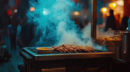 Street food vendor grilling pork satay skewers over an open flame, with smoke rising and a side of dipping sauce on a wooden tray.の素材