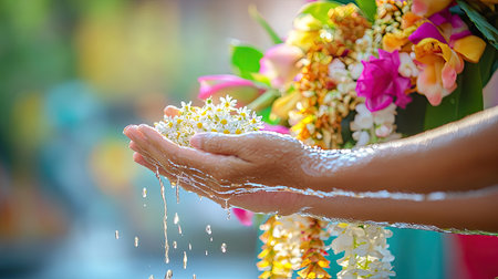 Songkran tradition child pouring scented water on grandparents' hands, holding jasmine garlands, surrounded by colorful flowers.の素材