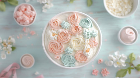 Top view of a birthday cake with intricate buttercream roses and pastel ombr effect, made for mom.の素材