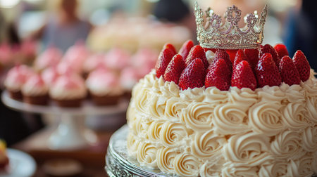 Stylish dessert table with a strawberry vanilla cream cake, topped with an elegant crown for a birthday party.の素材