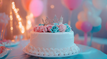 Stylish birthday party setup with a white cake, delicate pink and turquoise flowers, and a sparkling princess crown.の素材