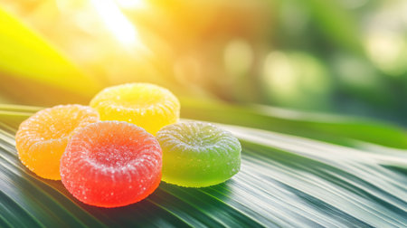 Thai Aalaw candy, bright and colorful, arranged on a banana leaf with natural sunlight and soft textures in the background.の素材