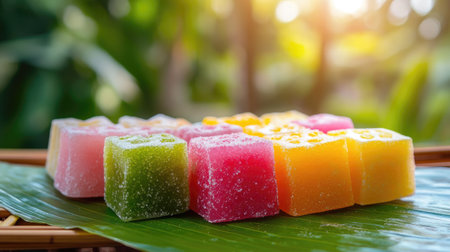 Thai Aalaw candy, bright and colorful, arranged on a banana leaf with natural sunlight and soft textures in the background.の素材