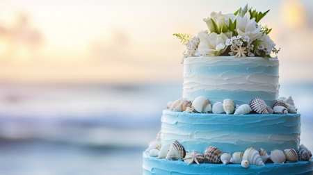 Three-tiered wedding cake with blue ombr frosting, seashell accents, and fresh flowers at a tropical beach wedding.の素材