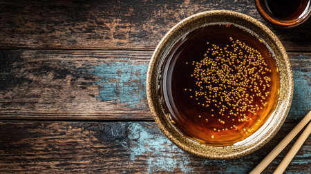 Sugar palm seeds in a bowl of syrup, glistening with a shiny finish, styled on a wooden table with a rustic feel.の素材
