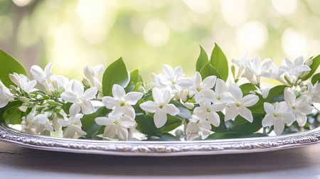 Thai white jasmine garland styled on a silver tray, its delicate floral design enhanced by soft, warm natural lighting.の素材