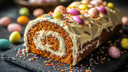 Stylish food photography of a carrot roll cake with luxurious cream cheese frosting, adorned with pastel chocolate eggs and colorful sprinklesの素材