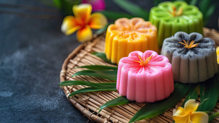 Thai cotton wool cakes in various colors, placed on a bamboo mat, styled with pandan leaves and tropical flowers.の素材