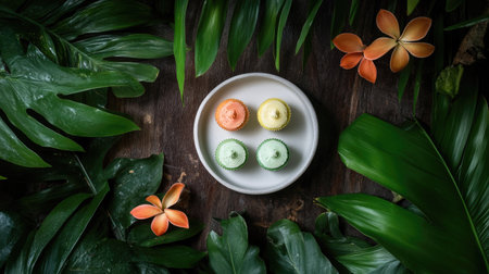 Top view of colorful Thai steamed cupcakes arranged on a white dish, surrounded by tropical leaves and rustic table decor.の素材