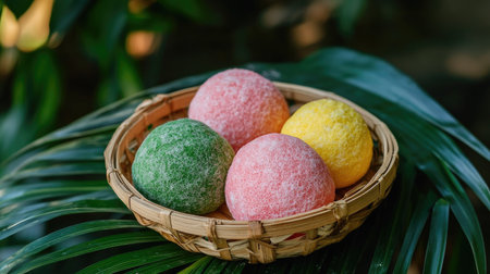 Thai steamed cotton wool cakes in pink, yellow, and green, arranged in a bamboo basket, with tropical leaves in the background.の素材
