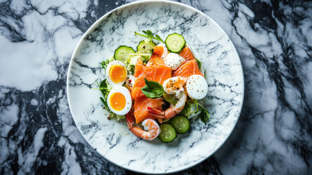 Tasty seafood salad with prawns, salmon, cucumber, and eggs, served on a luxurious marble plate.の素材