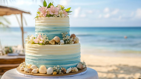 Three-tiered wedding cake with blue ombr frosting, seashell accents, and fresh flowers at a tropical beach wedding.の素材