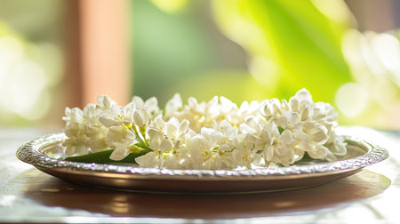 Thai white jasmine garland styled on a silver tray, its delicate floral design enhanced by soft, warm natural lighting.の素材