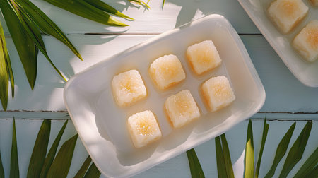 Top view of mini coconut gel cubes in sweet syrup, served in a white dish with a tropical decor background.の素材