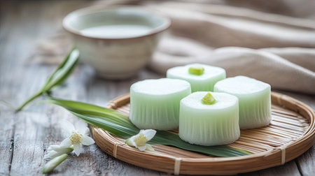 Thai steamed cotton wool cakes in pastel tones, served on a bamboo tray with fresh pandan leaves for a traditional touch.の素材