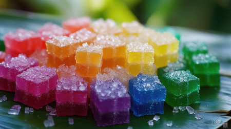 Thai Aalaw candy, colorful and sweet, displayed on a banana leaf with traditional Thai-inspired decor, vibrant yet simple.の素材