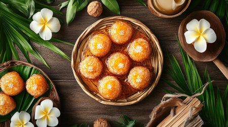 Top view of Med Kanun, golden Thai desserts, neatly arranged on a plate with syrup glaze, surrounded by tropical-inspired decor.の素材