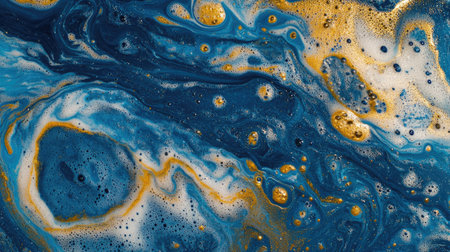 Top view of detergent foam spreading across a blue water surface, sparkling bubbles reflecting light.の素材