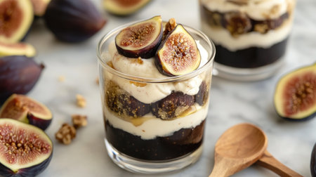 Top-down view of a fig parfait in a clear glass, layered with cream and honey, surrounded by fresh figs and a wooden spoon.の素材