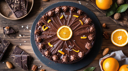 Top-down view of a freshly baked flourless chocolate cake, garnished with orange zest, cacao, and nuts.の素材