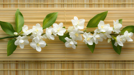 Top-down view of a Thai white jasmine garland, crafted with care and styled on a bamboo mat for a natural, traditional look.の素材