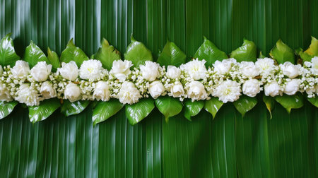 Traditional jasmine and white rose garland placed on vibrant green banana leaves, styled for Songkran Festival in Thailand.の素材