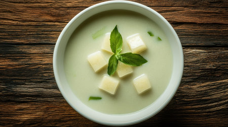 Top view of Thai dessert in coconut milk, with bananas, sweet potatoes, and pandan jelly cubes arranged in a simple white bowl.の素材