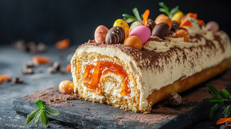 Traditional carrot roll cake with rich cream cheese filling, decorated with chocolate eggs and vibrant carrot jelly, rustic concrete backdropの素材