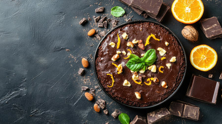 Top-down view of a freshly baked flourless chocolate cake, garnished with orange zest, cacao, and nuts.の素材