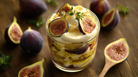 Top-down view of a fig parfait in a clear glass, layered with cream and honey, surrounded by fresh figs and a wooden spoon.の素材