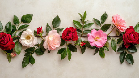 Traditional Thai jasmine garland styled with pink and red roses, its floral beauty showcased on a clean, minimal background.の素材