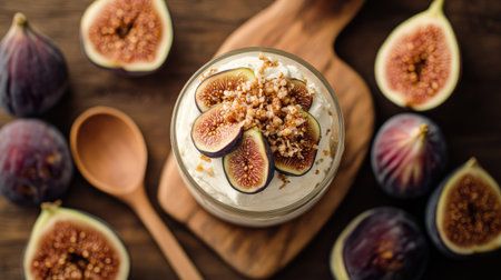 Top-down view of a fig parfait in a clear glass, layered with cream and honey, surrounded by fresh figs and a wooden spoon.の素材