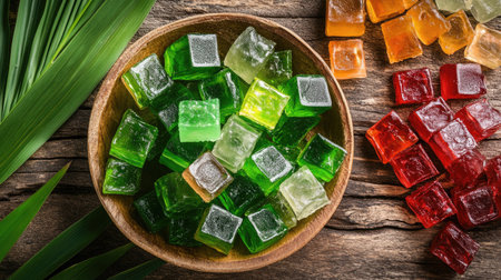 Top-down view of Thai Aalaw candy, colorful and sweet, placed on a rustic wooden surface with pandan leaves as decoration.の素材