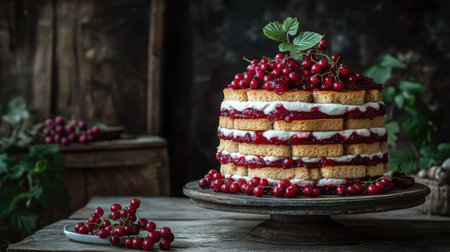 Traditional Latvian rye bread dessert layered with cream and cowberry jam in glass jars, garnished with fresh berries on a rustic wooden surface.の素材