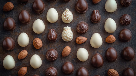Top-down view of assorted chocolate Easter eggs and bunny figures with nuts, arranged for a festive greeting card.の素材