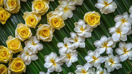 Traditional Songkran garlands of jasmine and white roses, displayed on banana leaves, symbolizing Thai cultural heritage.の素材