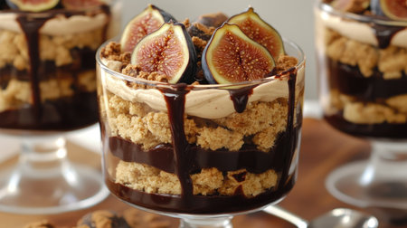 Trifle layered with velvety chocolate buttercream, fig slices, and cookie crumbs, topped with a drizzle of chocolate sauce for a decadent finish.の素材