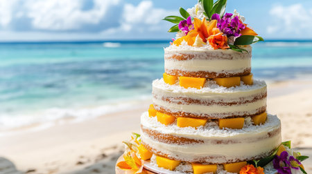 Tropical fruit wedding cake with layers of mango and coconut cream, decorated with edible flowers by the shore.の素材