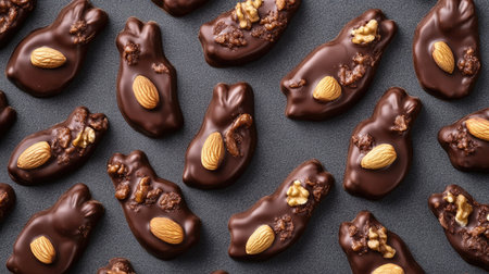 Top-down view of festive chocolate bunnies and eggs with almonds, walnuts, and hazelnuts on a minimalist gray background.の素材