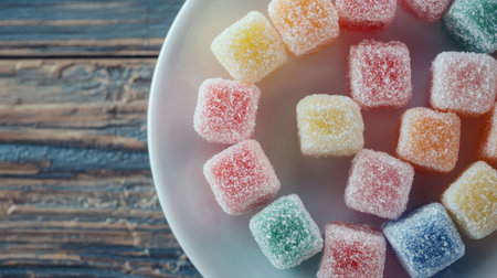 Vibrant pastel Aalaw candy pieces arranged in a circle on a white dish, traditional Thai dessert with delicate textures.の素材
