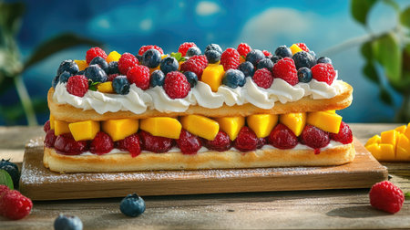 Vibrant fruit sandwich with mixed berries, mango, and fluffy cream, arranged on a stylish wooden board, bright and colorful backdropの素材